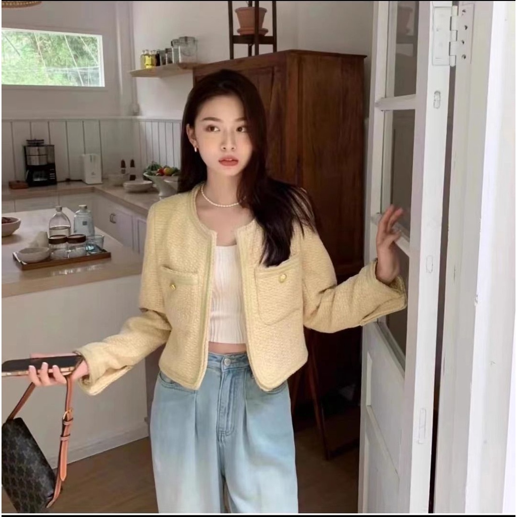 Áo Khoác Vải tweed Cổ Tròn Dáng Rộng Màu Hồng Phối Bèo Phong Cách Pháp Thời Trang Mùa Thu Cho Nữ