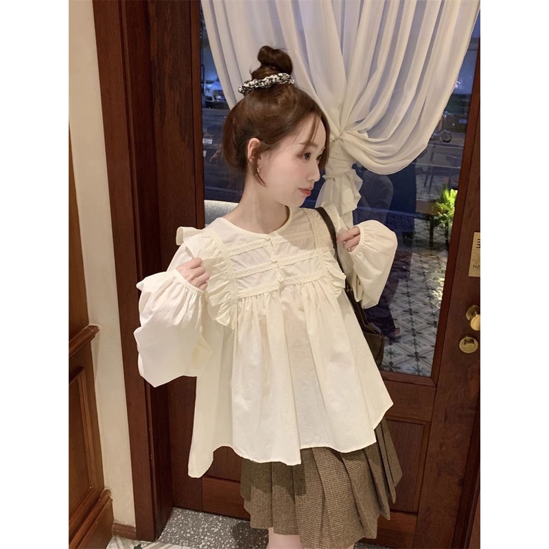 Áo Sơ Mi Dài Tay Phối Bèo Phong Cách Pháp Thời Trang Cho Nữ