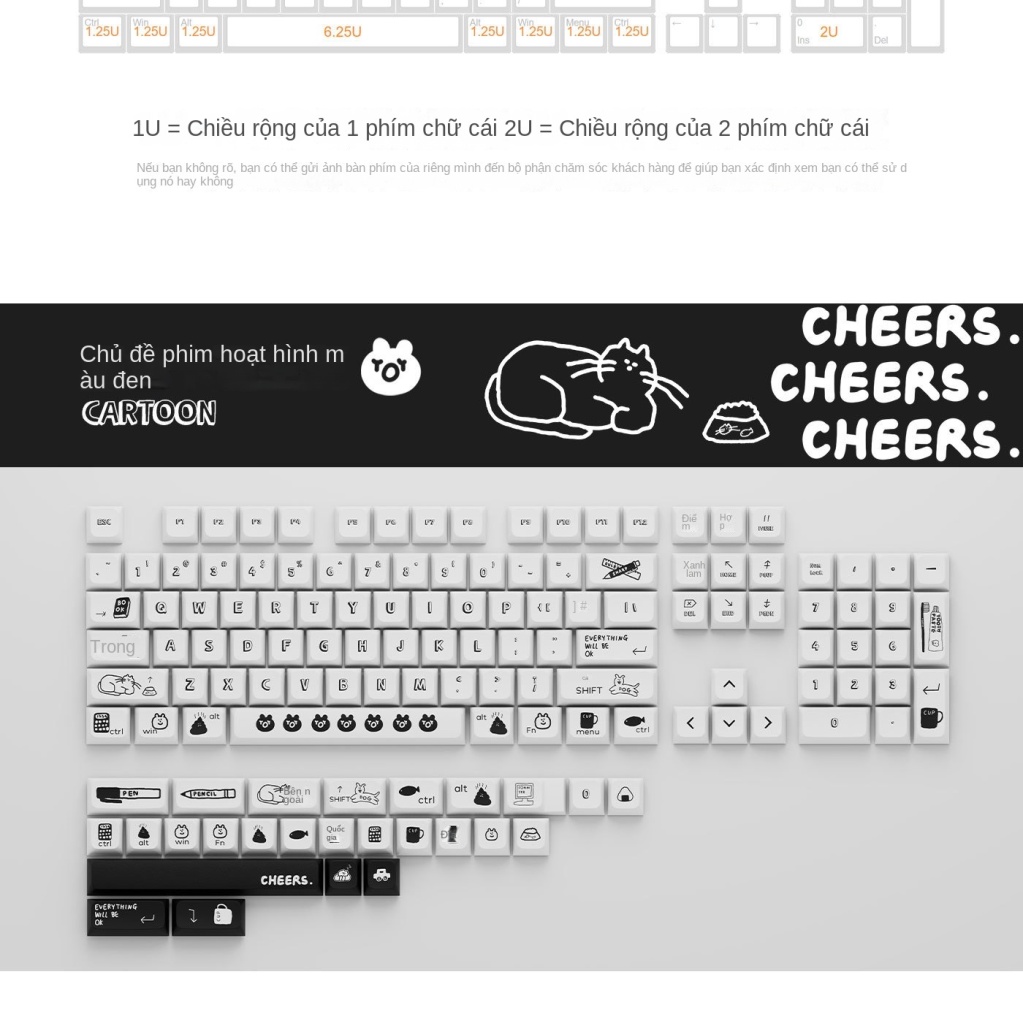 Keycaps hoạt hình màu đen, XDA9.5MM, keycaps tùy chỉnh và dễ thương cho bàn phím cơ, PBT nhuộm thăng hoa