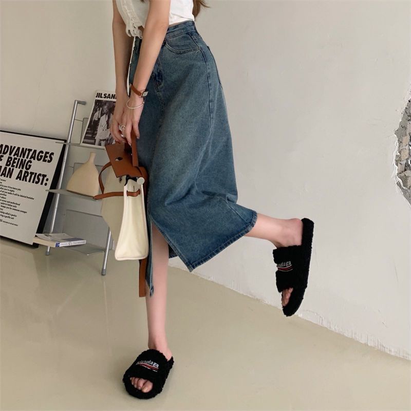 Cozok Chân váy jean Xẻ Tà Lưng Cao Vừa Thời Trang retro Đơn Giản