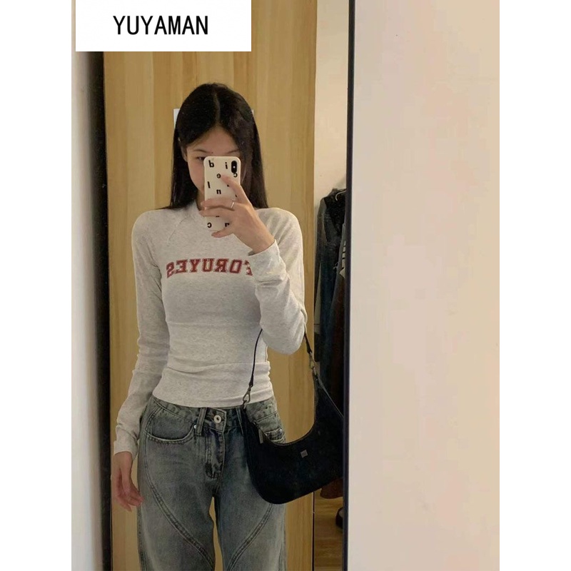 YUYAMAN Áo phông áo croptop Áo thun dài tay kiểu Mỹ Vintage Slim áo thun nữ croptop baby tee Thời trang hàn quốc A29J2H5 36Z230904