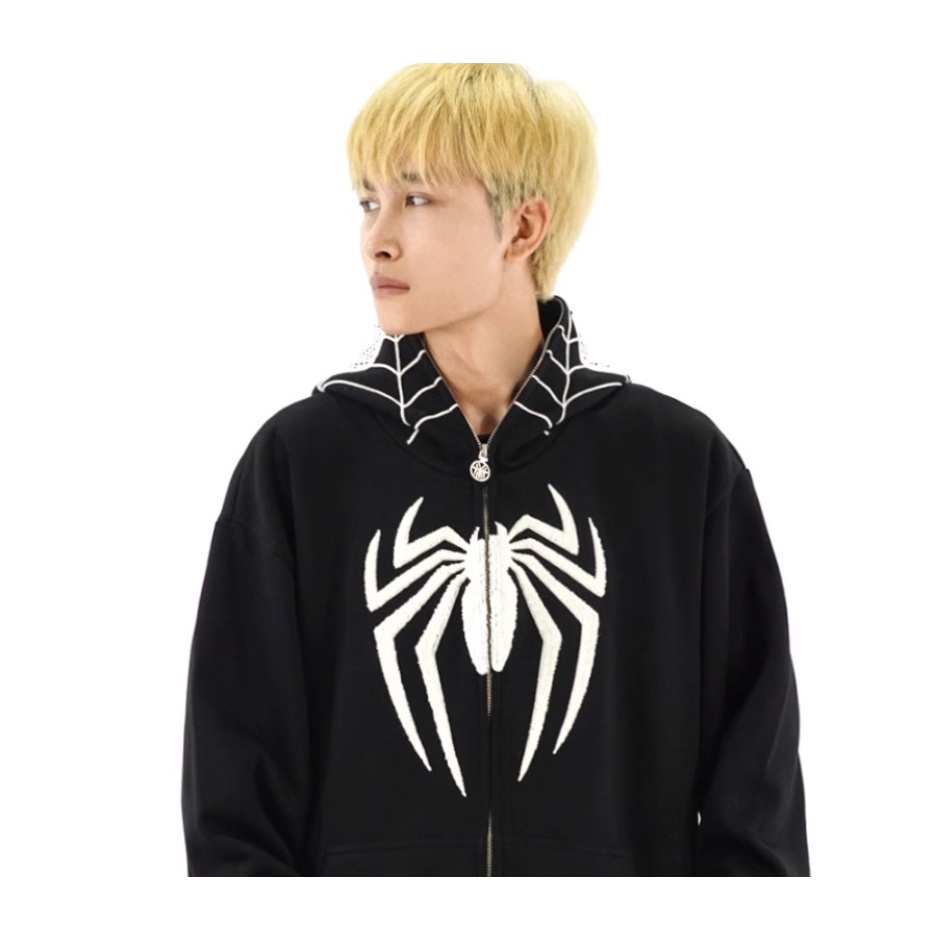 Áo Khoác Hoodie Có Khóa Kéo In Hình Người Nhện Phong Cách retro Mỹ Thời Trang Thu Đông Cho Nam
