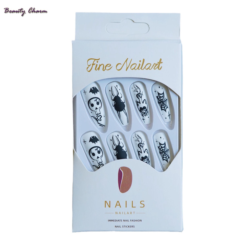 Bộ Móng Tay Giả Màu Trắng In Hình Đầu Lâu Trọng Lượng Nhẹ Và Dễ Gắn Dùng Hóa Trang halloween