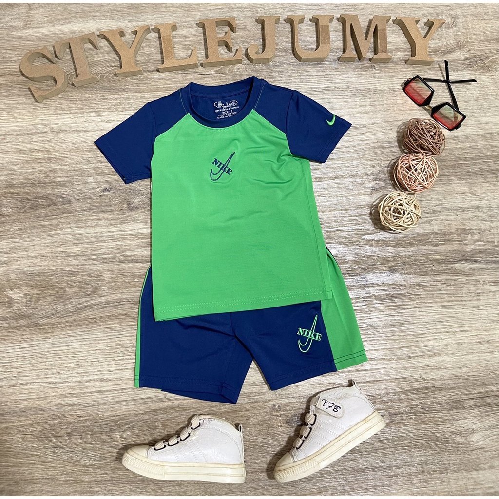 Size 1-12  - Bộ đồ bé trai thun lạnh thể thao có tay quần đùi thêu logo N-I-K-E  }