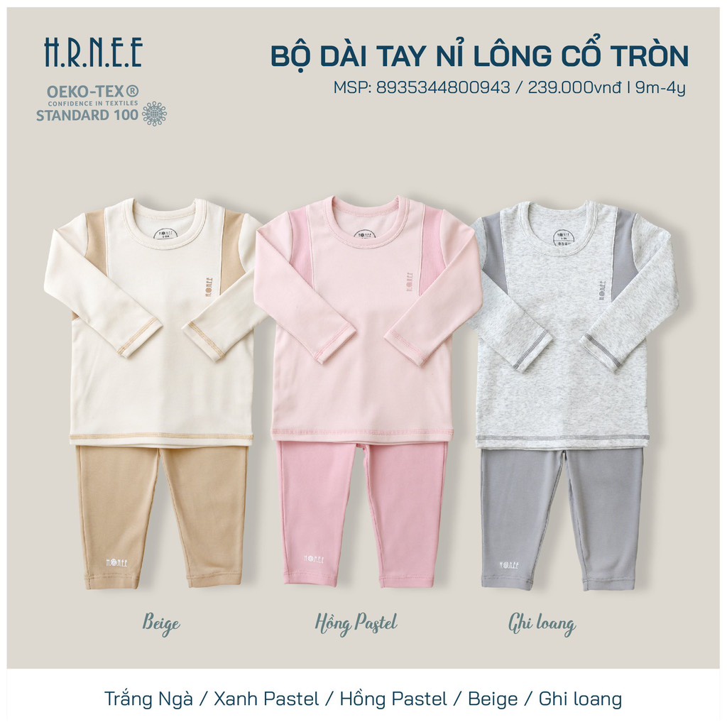 Bộ Hrnee dài tay nỉ lông cổ tròn cho bé trai bé gái