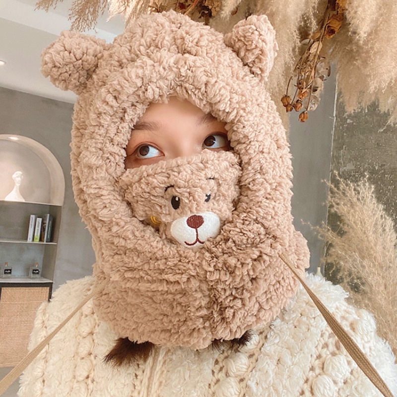 Mũ beanie Lông Cừu Dày Dặn Giữ Ấm Tai Kèm Mặt Nạ Hình Gấu Hoạt Hình Dễ Thương Cho Nữ