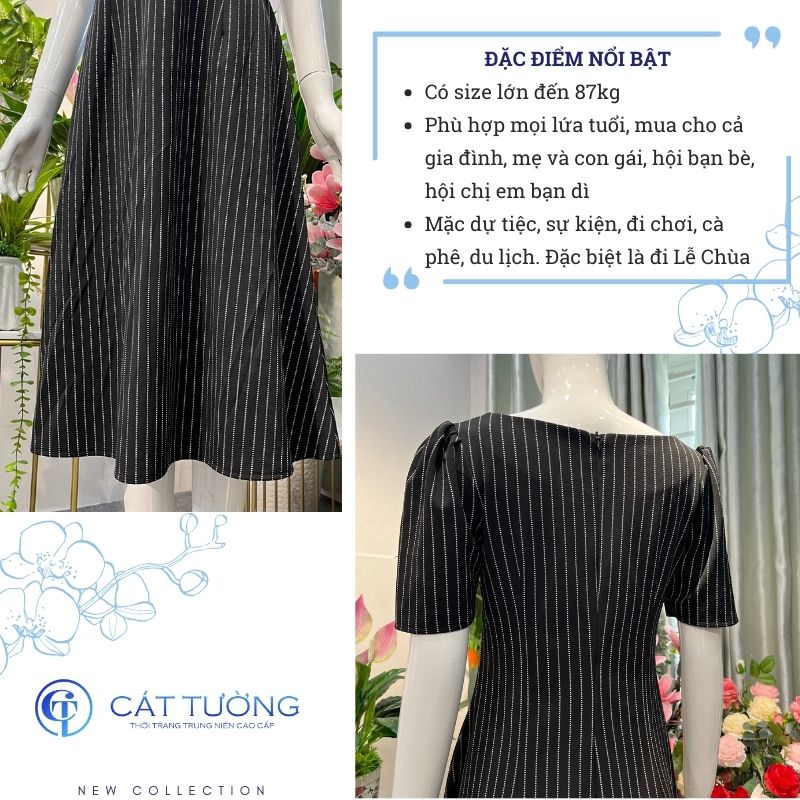 Đầm nữ trung niên màu đen sọc sang trọng tặng bà, tặng mẹ C4 - Thời trang Cát Tường