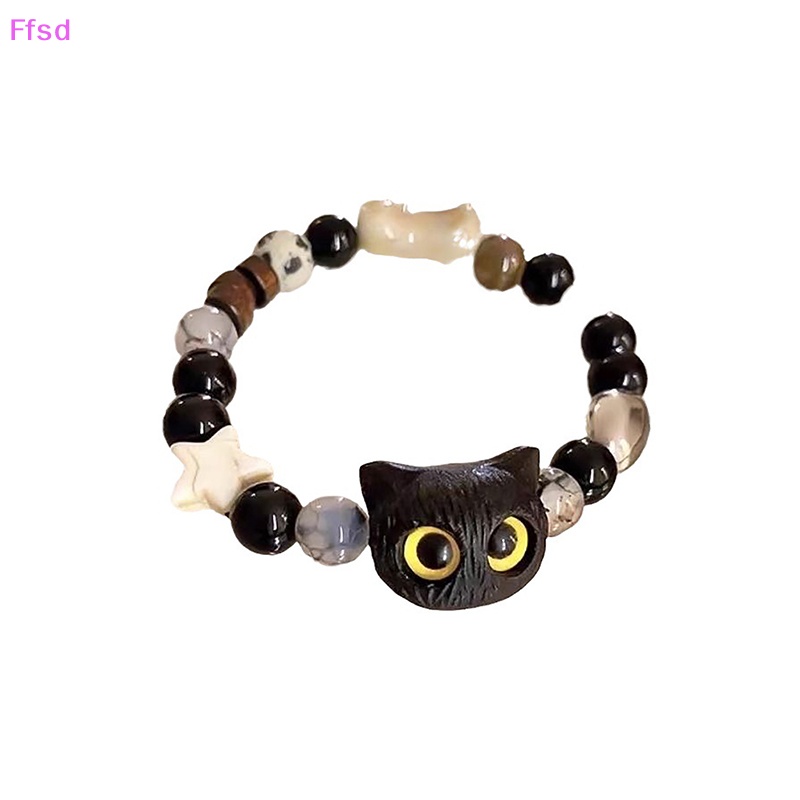 Vòng Tay Dây Thừng Xỏ Hạt Đen Mặt Hình Mèo Dễ Thương Có Thể Điều Chỉnh Cho Cặp Đôi / Tình Bạn