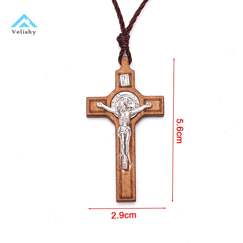 Velish Vòng cổ Mặt Gỗ Hình Thánh Giá Phong Cách retro