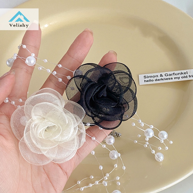 Velishy Vòng Cổ choker Màu Trắng Đen Đính Hoa Và Ngọc Trai Lãng Mạn Cho Nữ