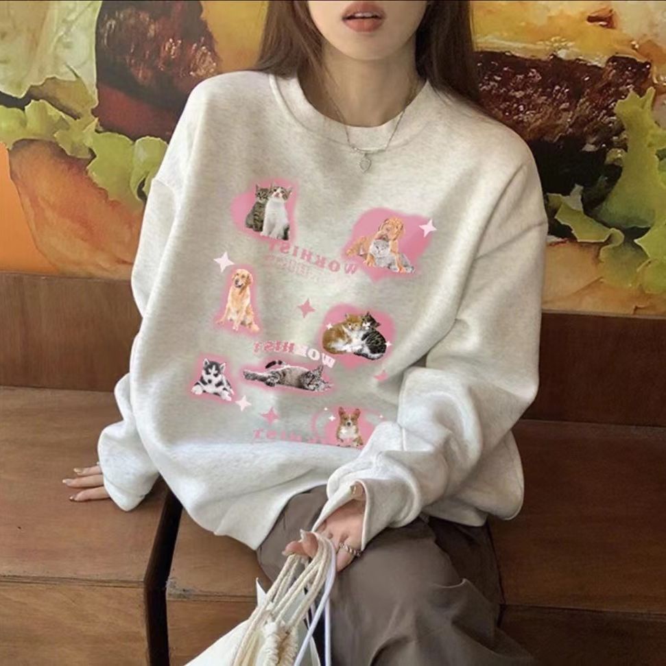 Áo hoodie Vải Lông Tay Dài Dáng Rộng In Hoạt Hình Phong Cách Hàn Quốc Thời Trang Thu Đông Cho Nữ