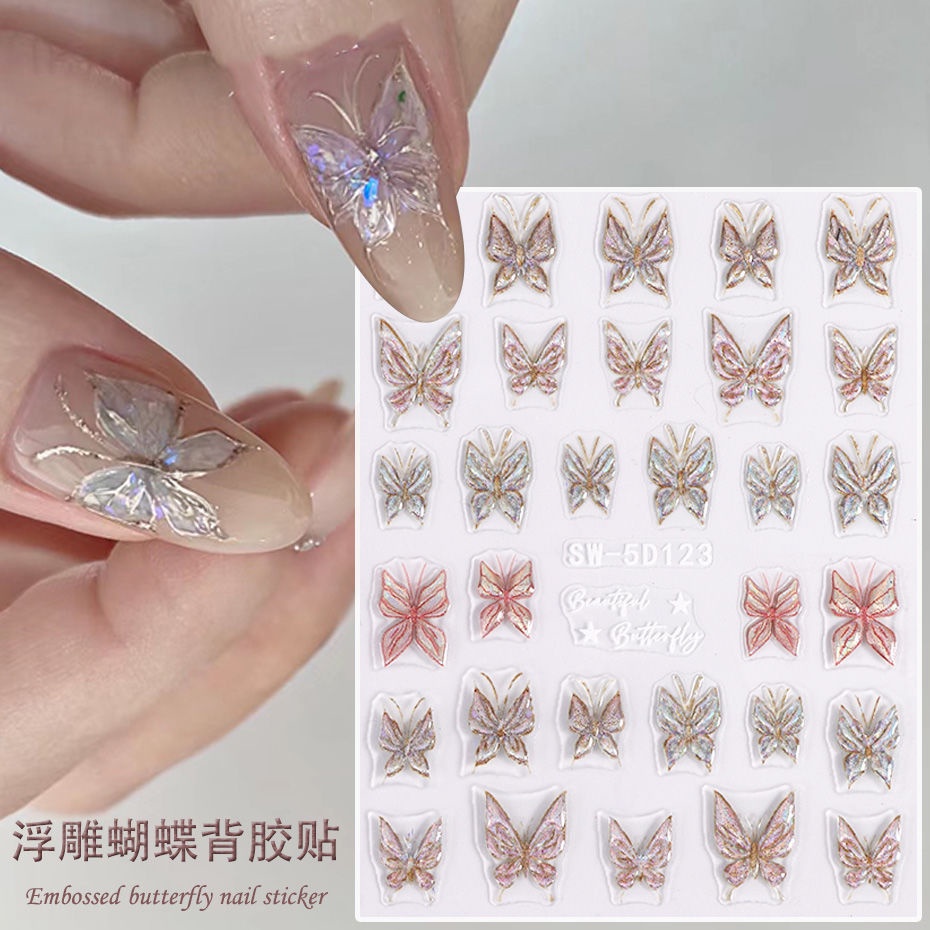 Miếng Dán Kính 5d Dập Nổi Hình Bướm Hoa Hồng Trang Trí Móng Tay