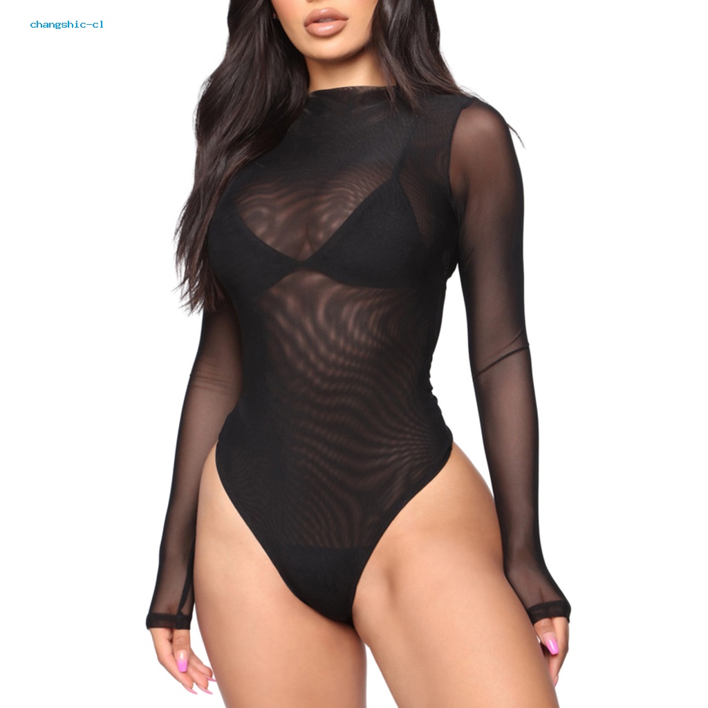 Changshic- bodysuit Phối Ren Quyến Rũ Ôm Dáng Phối Lưới Thoáng Khí Phù Hợp Với Nam Á Á Thời Trang