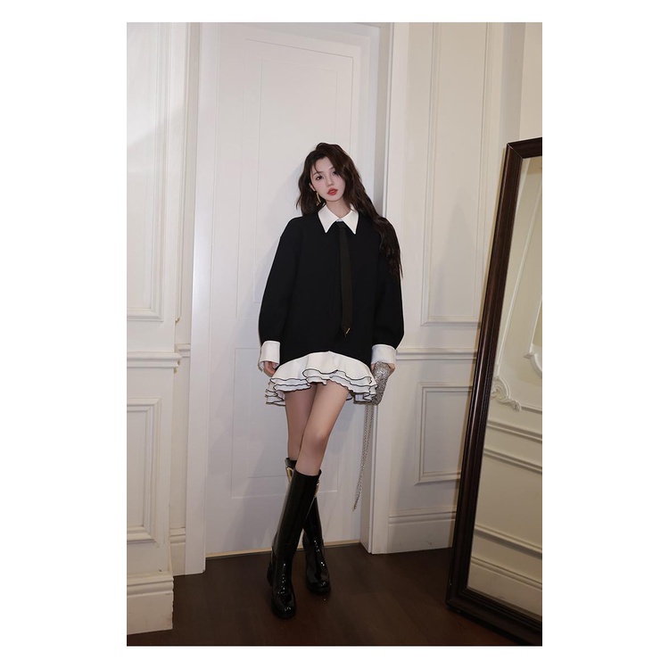 Đen Đầm Búp Bê Dáng Ngắn Phối Bèo Dễ Thương Thời Trang Cho Tuổi Trung Niên