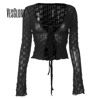 VesGlory Nữ Crop Top Thời Trang Màu Trơn In Tay Dài Cổ Chữ V Slim Fit Dây Đeo Áo Thun