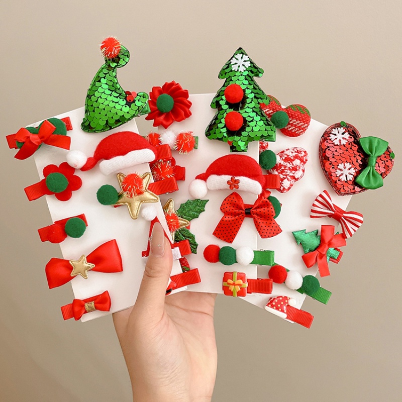 Set 10 Kẹp Tóc Đính Kim Sa Màu Đỏ / Xanh Lá / Đỏ Phong Cách Giáng Sinh Cho Bé Gái