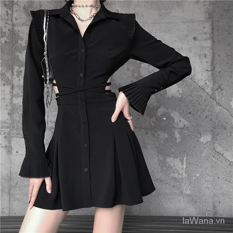 Đầm Sơ Mi Đen Tay Dài Chiết Eo Kiểu Pháp Thời Trang Xuân Thu Cho Nữ