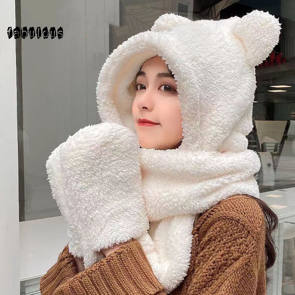 Fab set Mũ Trùm Đầu + Găng Tay + Khăn Choàng 3 Trong 1 Bằng Vải Bông Giữ Ấm Tai Gấu Co Giãn Thời Trang Mùa Đông Cho Nữ
