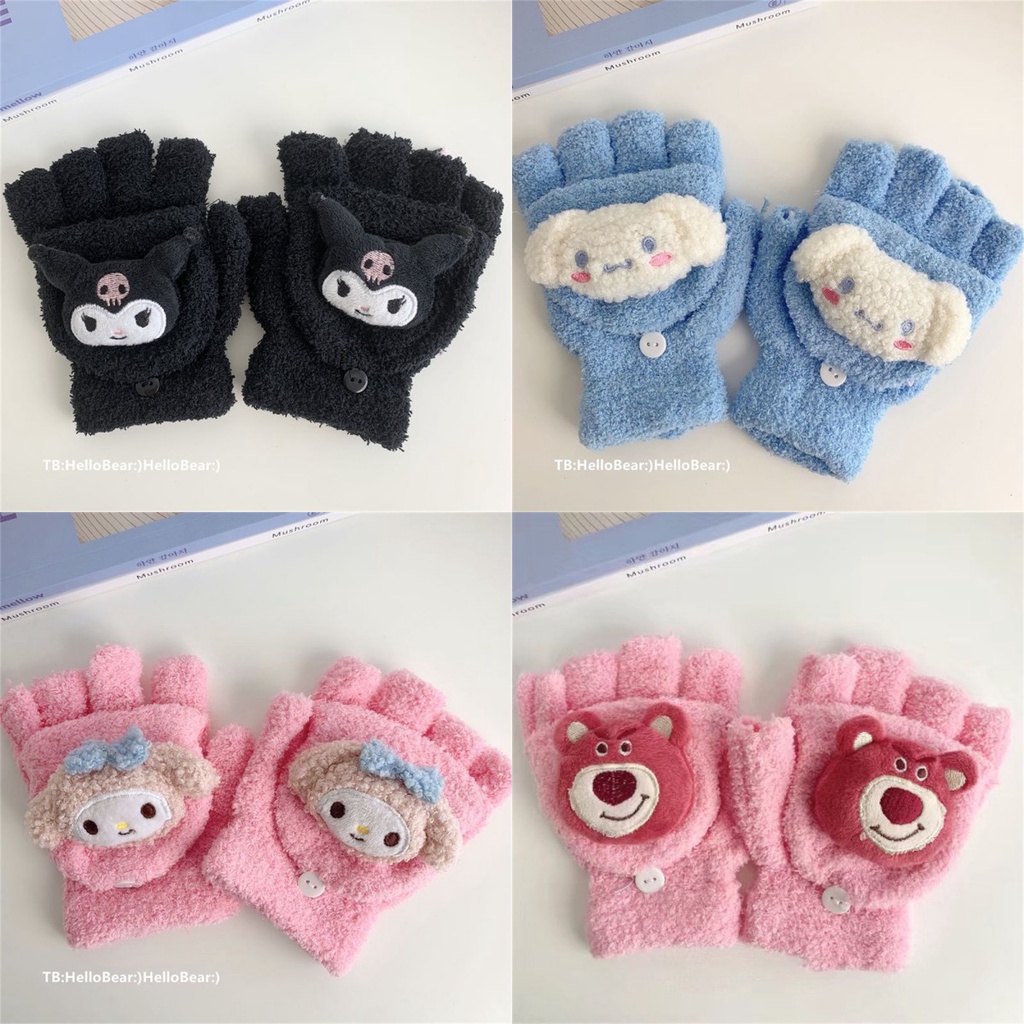 ♫ Găng Tay Mùa đông Sanrio Nhung San Hô Phim Hoạt Hình Dễ Thương Cinnamoroll Kuromi Màn Hình Cảm ứng Nửa Ngón Lật Lên Găng Tay Viết Cho Học Sinh để Làm Quà Tặng