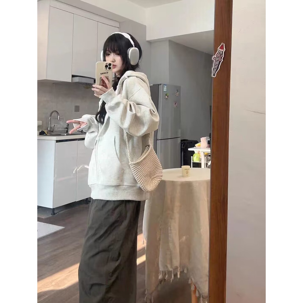 Áo Hoodie Tay Dài oversize Có Khóa Kéo Phong Cách Hàn Quốc Cho Nữ
