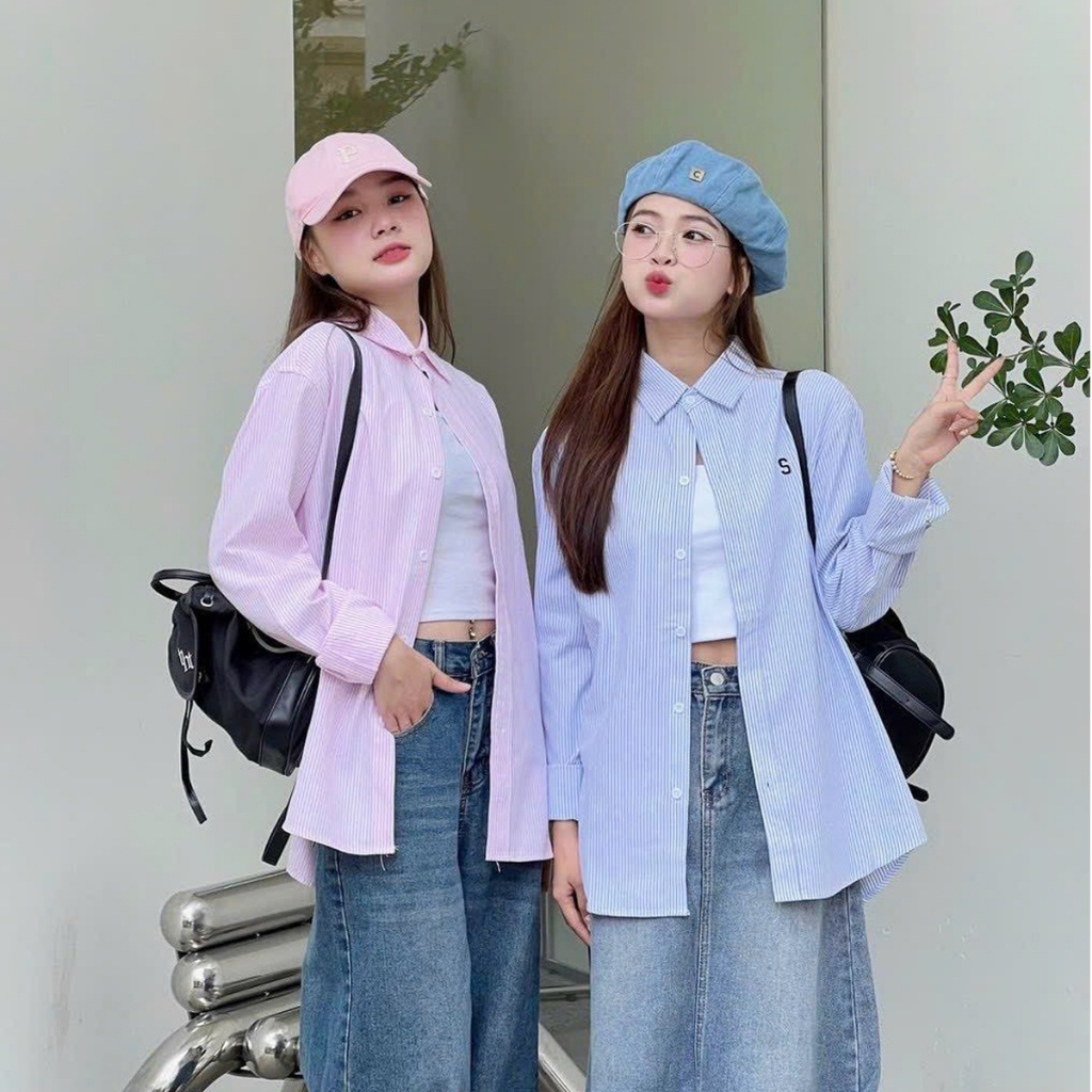Áo sơ mi nữ dài tay kẻ sọc dáng dài thêu chữ áo kiểu đi học đi chơi ATC0069