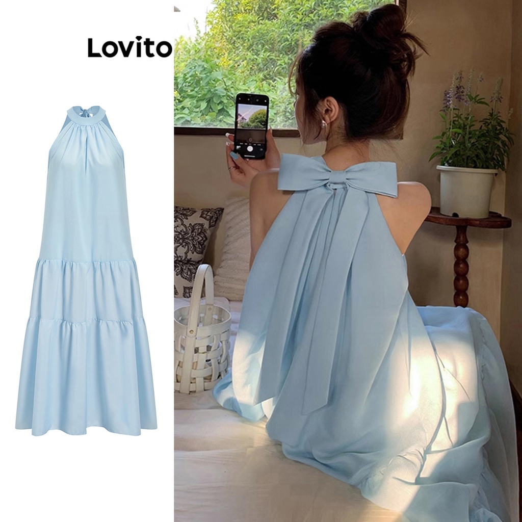 Đầm Lovito đính nơ sau lưng màu trơn thường ngày cho nữ L61AD081 (Màu xanh dương)
