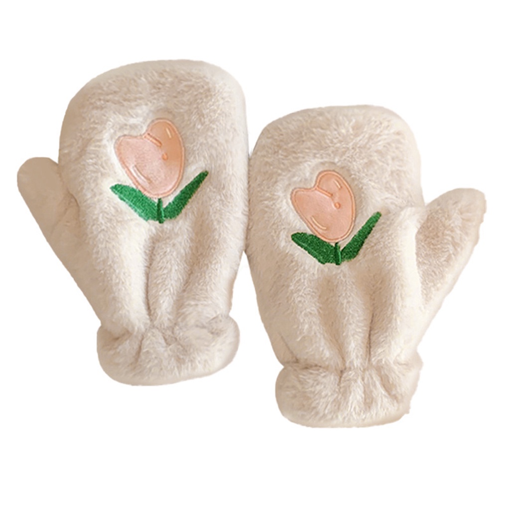 1 Cặp Găng Tay Lông Nhung Dày Dặn Ấm Áp Thêu Hoa tulip Dễ Thương