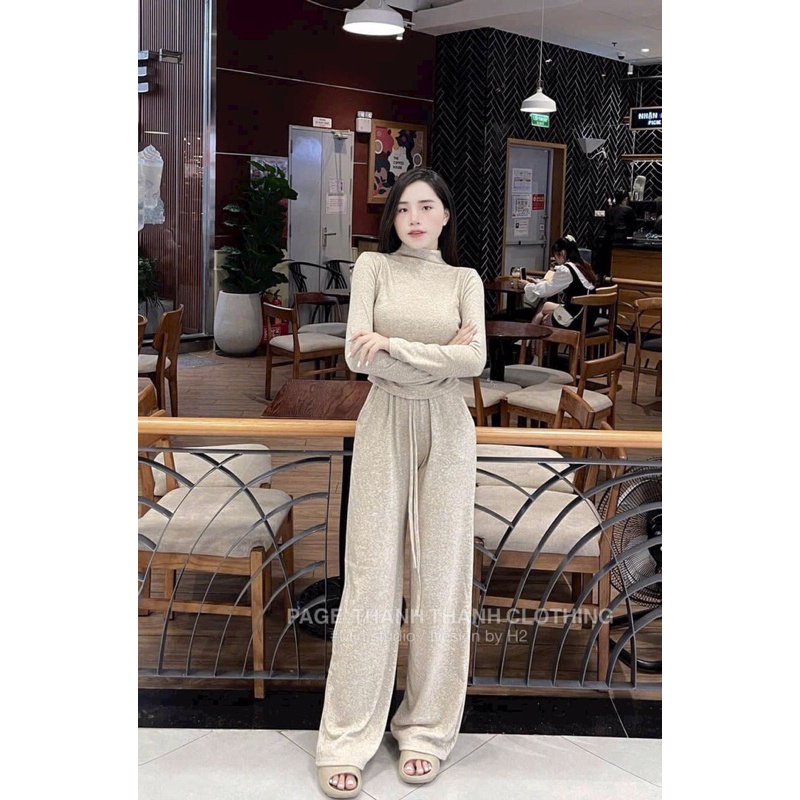 Set áo len lông rút dây rúm sườn quần xuông
