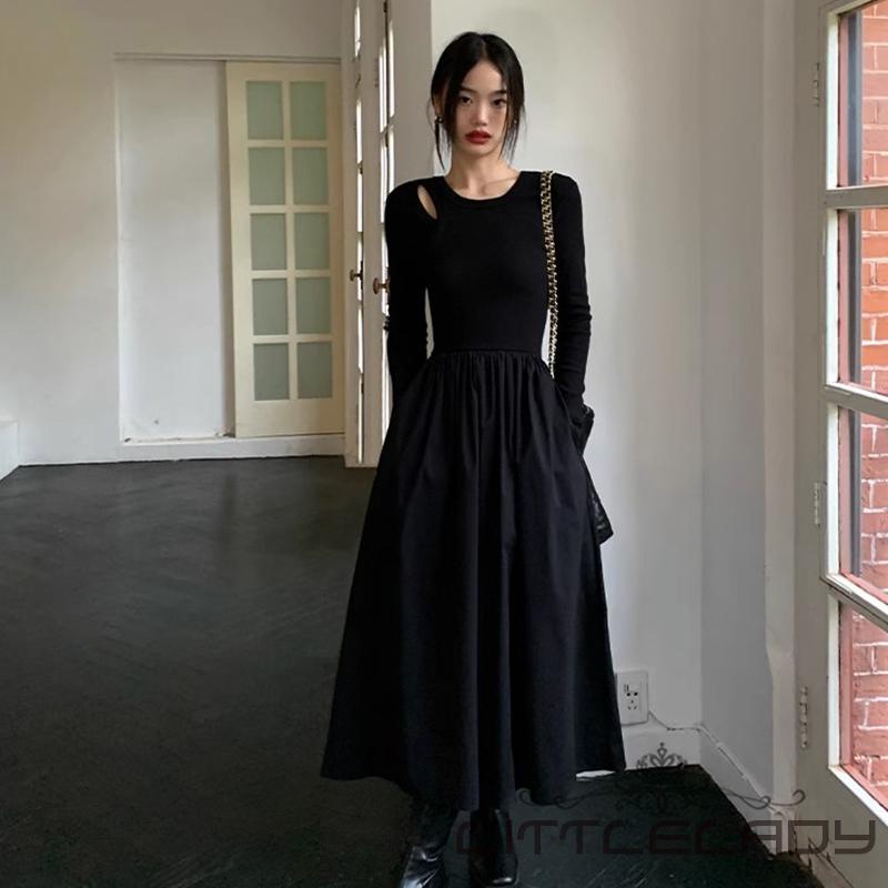 Đầm Dệt Kim Chữ a Tay Dài Khoét Lỗ Có Túi Cho Nữ