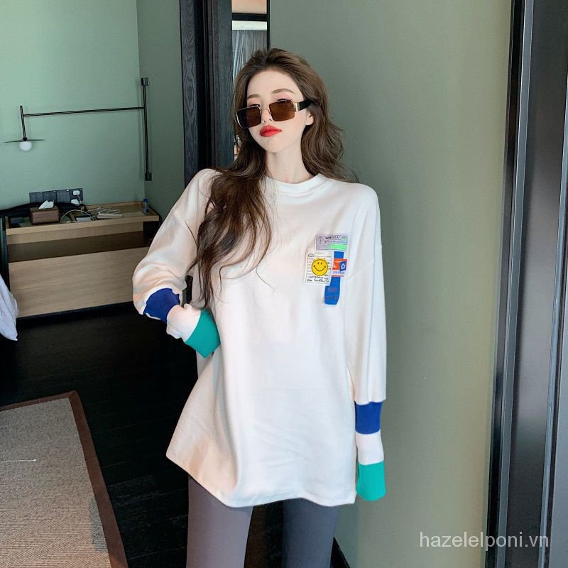 Áo Thun cotton Tay Dài In Hình Mặt Cười Phong Cách Hàn Quốc Thời Trang Thu Đông 2023
