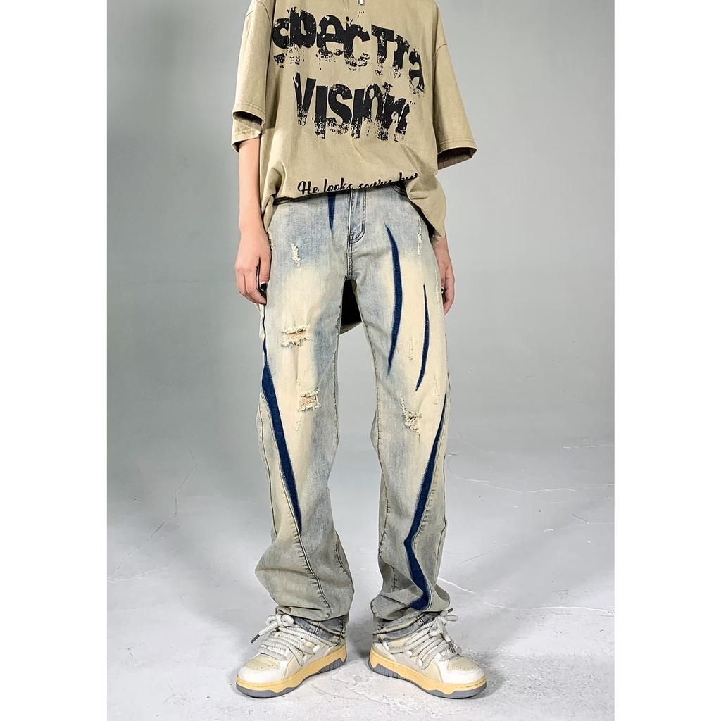 Quần Jean Dài Dáng Rộng Rách Gối Màu Vàng Thời Trang Thu Đông Phong Cách hip hop Hàn Quốc Cho Cặp Đôi