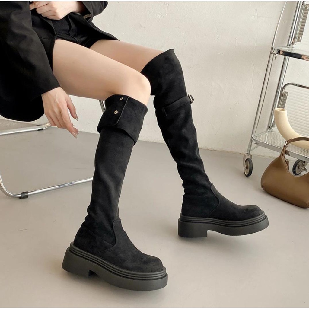 Giày Bốt Cao Qua Gối Bằng Da Lộn Màu Trơn Phong Cách Thu Đông Mới Cho Nữ