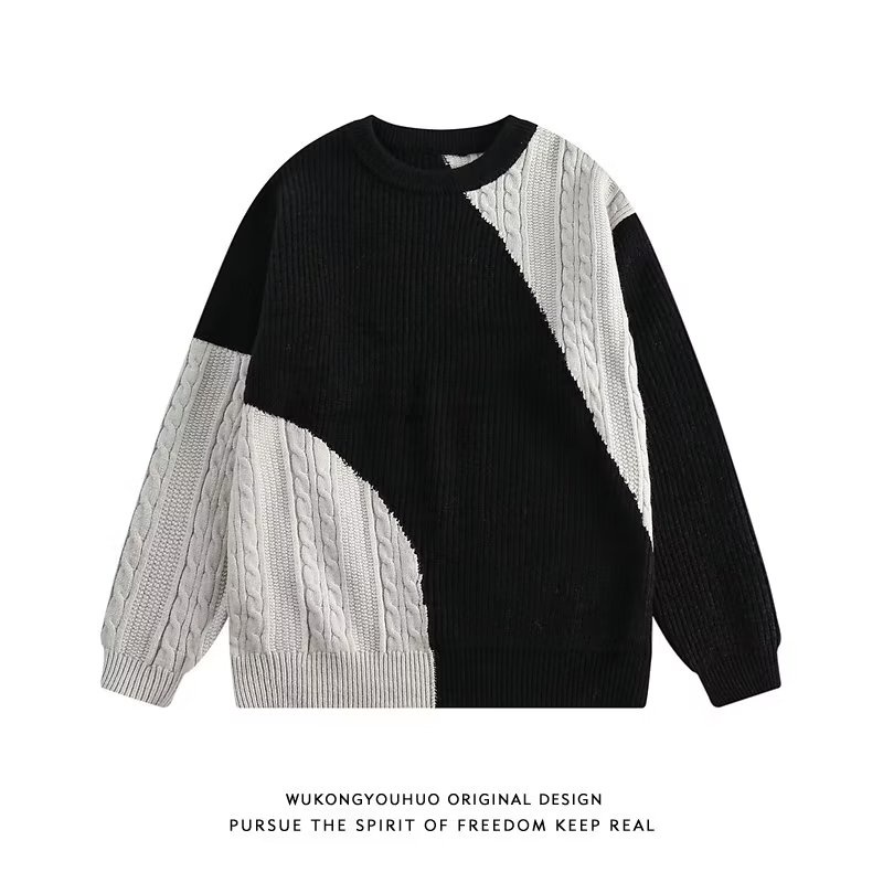 Aokang Áo sweater Dệt Kim Dáng Rộng Cổ Tròn Ghép Nối Màu Tương Phản retro Mùa Đông Cho Cặp Đôi
