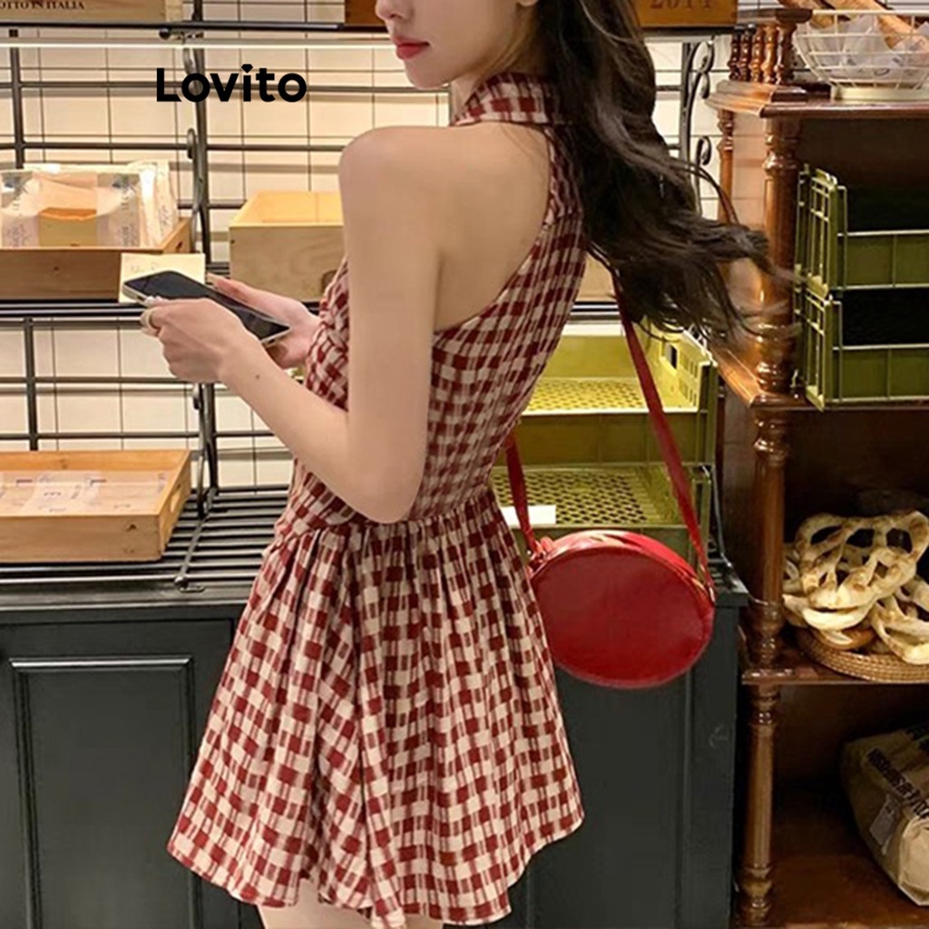 Đầm Lovito cài nút họa tiết kẻ caro thường ngày cho nữ LNA19023