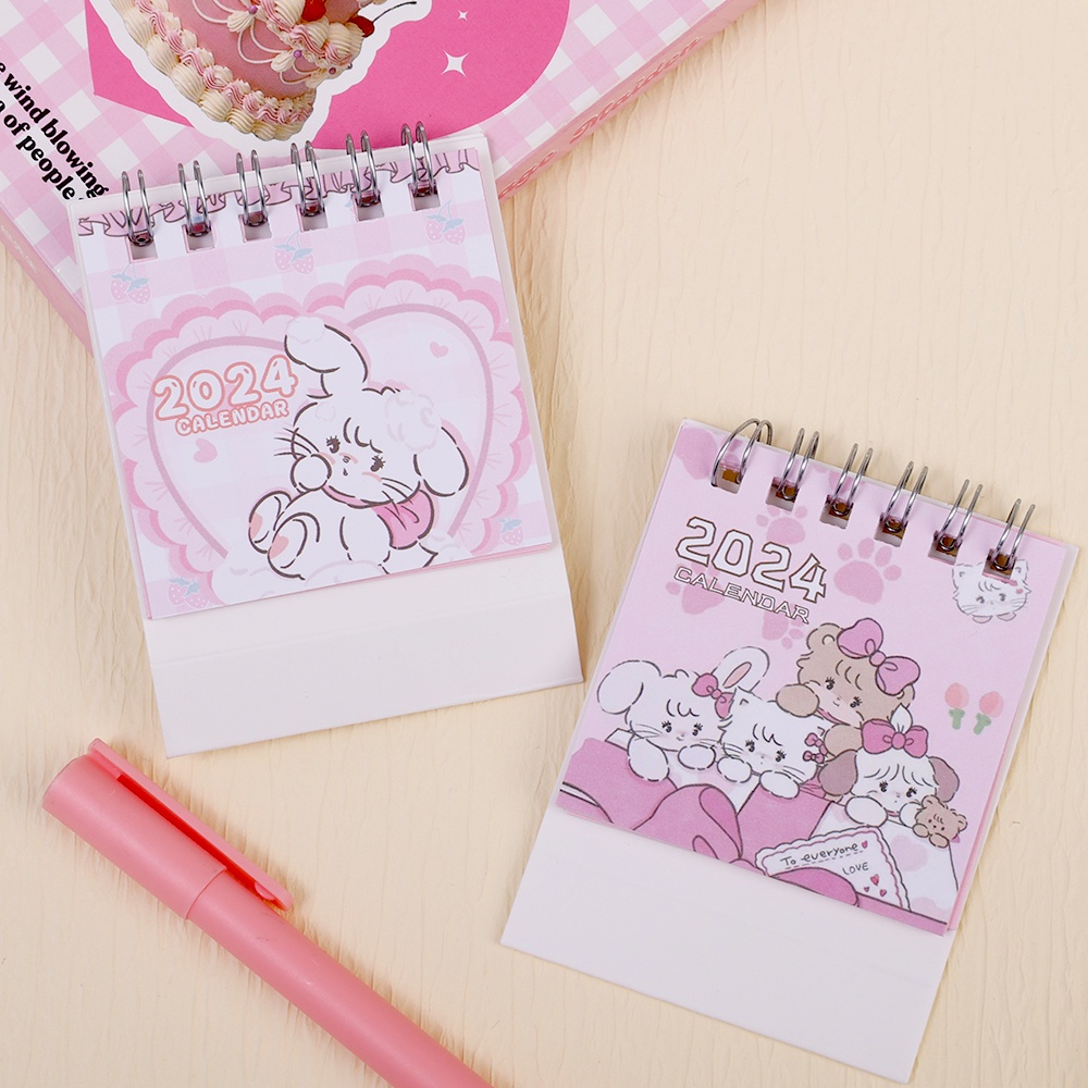 Lịch Để Bàn mini 2024 Dạng Gập Di Động Hình Mèo Hoạt Hình Màu Hồng / Lịch Để Bàn Trang Trí Dễ Thương