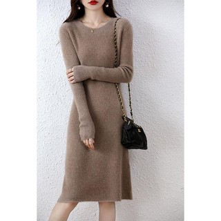 Đầm Len Dài Qua Gối Cổ Tròn Dáng Ôm Thời Trang Thu Đông Phong Cách Mới Cho Nữ