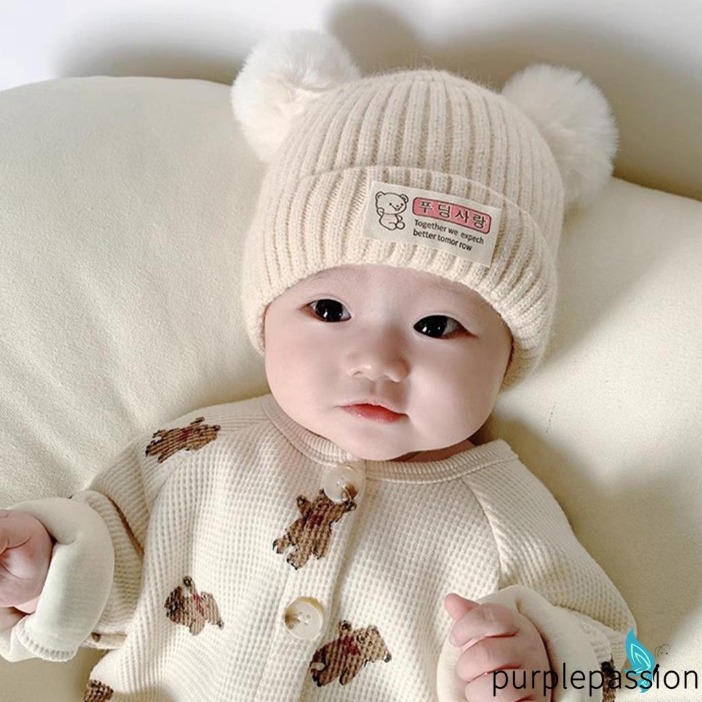Mũ beanie Dệt Kim Màu Tím In Chữ bear Thời Trang Thu Đông Ấm Áp Cho Bé Trai Bé Gái