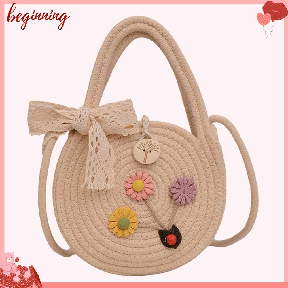 Túi Đeo Chéo Đan Len Hình Tròn Đính Hoa Dễ Thương Thời Trang Mùa Hè Cho Nữ