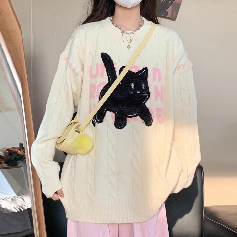 Áo sweater Dệt Kim Cổ Tròn Thêu Họa Tiết Mèo Hoạt Hình Phong Cách Nhật Bản Cho Nữ