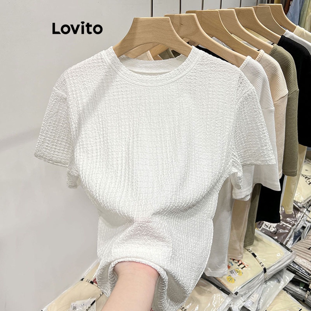 Áo thun Lovito vải jacquard màu trơn thường ngày cho nữ LNE16065 (màu trắng)