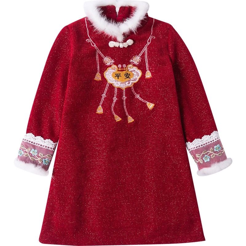 Đầm Sườn Xám Vải Lông Cừu Màu Đỏ Kiểu Trung Hoa Thời Trang Năm Mới Cho Bé Gái