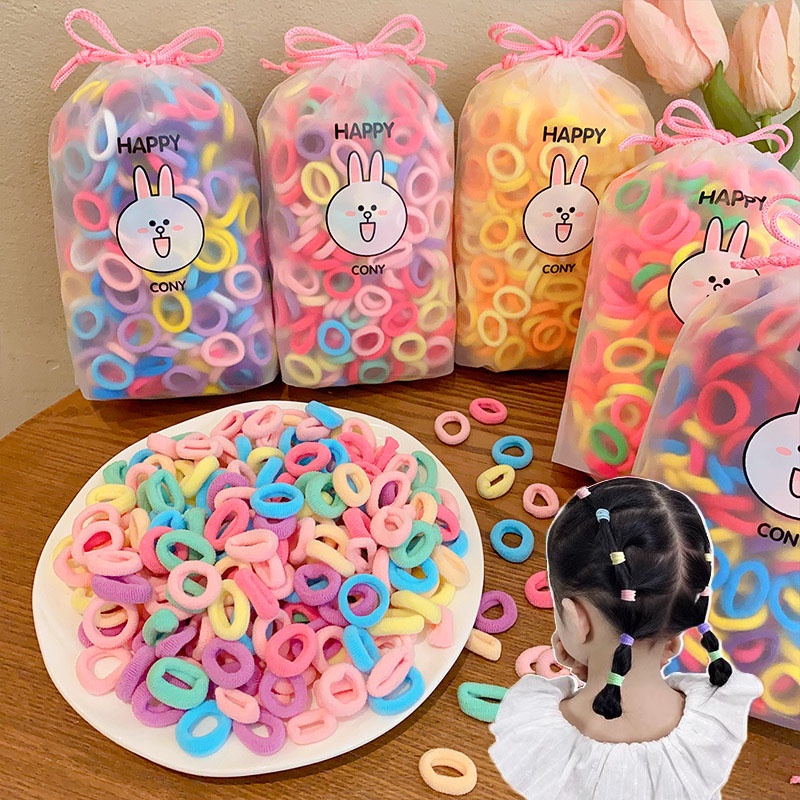 Set 300 / 100 Dây Thun Buộc Tóc Đuôi Ngựa Co Giãn Thời Trang Hàn Quốc Cho Bé Gái