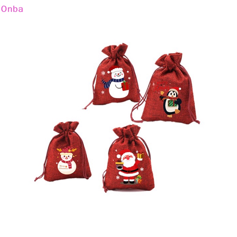 Túi Đựng Kẹo Bằng Vải Lanh Màu Đỏ Có Dây Rút Trang Trí Giáng Sinh Năm Mới Vnba merry christmas
