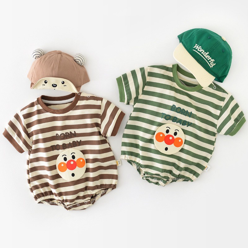 Bộ Áo Liền Quần Bằng cotton Tay Ngắn In Họa Tiết Hoạt Hình Kẻ Sọc Thời Trang Mùa Hè Hàn Quốc Cho Bé Trai Và Gái 0-2 Tuổi