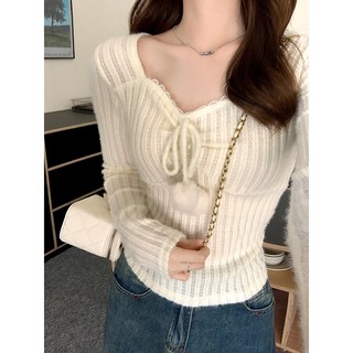 Brandy Melville Áo Sweater Dáng Ôm Cổ Chữ V Phối Ren Thời Trang Thu Đông Cho Nữ