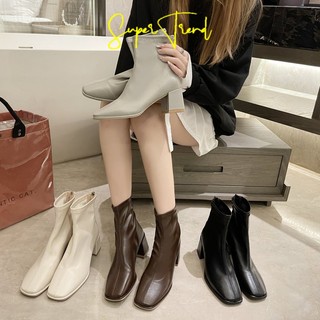 Giày bốt cao gót mũi vuông phối khóa kéo thời trang cho nữ