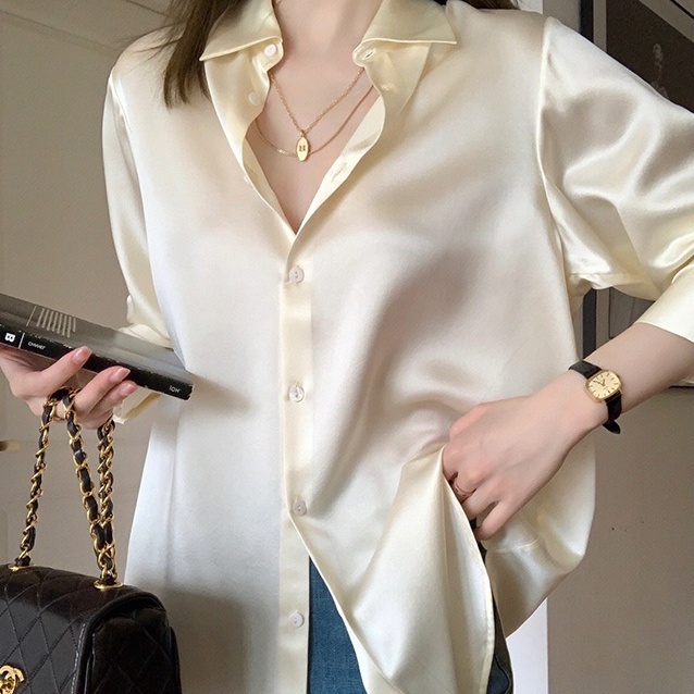 Mới Áo Sơ Mi Tay Dài Vải satin Dáng Rộng Phong Cách Pháp Thời Trang Sang Trọng Cho Nữ