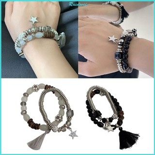 WHAVFORI Set 2 Vòng Tay Chuỗi Hạt Phối Tua Rua Ngôi Sao Nhiều Lớp Co Giãn handmade Thời Trang Cổ Điển
