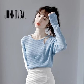 Áo thun nữ JUNNOVGAL Màu trơn dài tay cổ tròn thời trang mùa thu Phong cách mới Rỗng ra