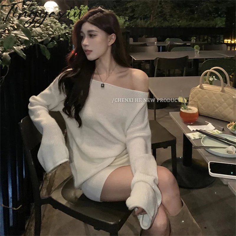 Tingyaxiu Bộ Áo sweater Dệt Kim Một Dây Màu Trơn Phối Chân Váy Ngắn Kiểu Hàn Quốc